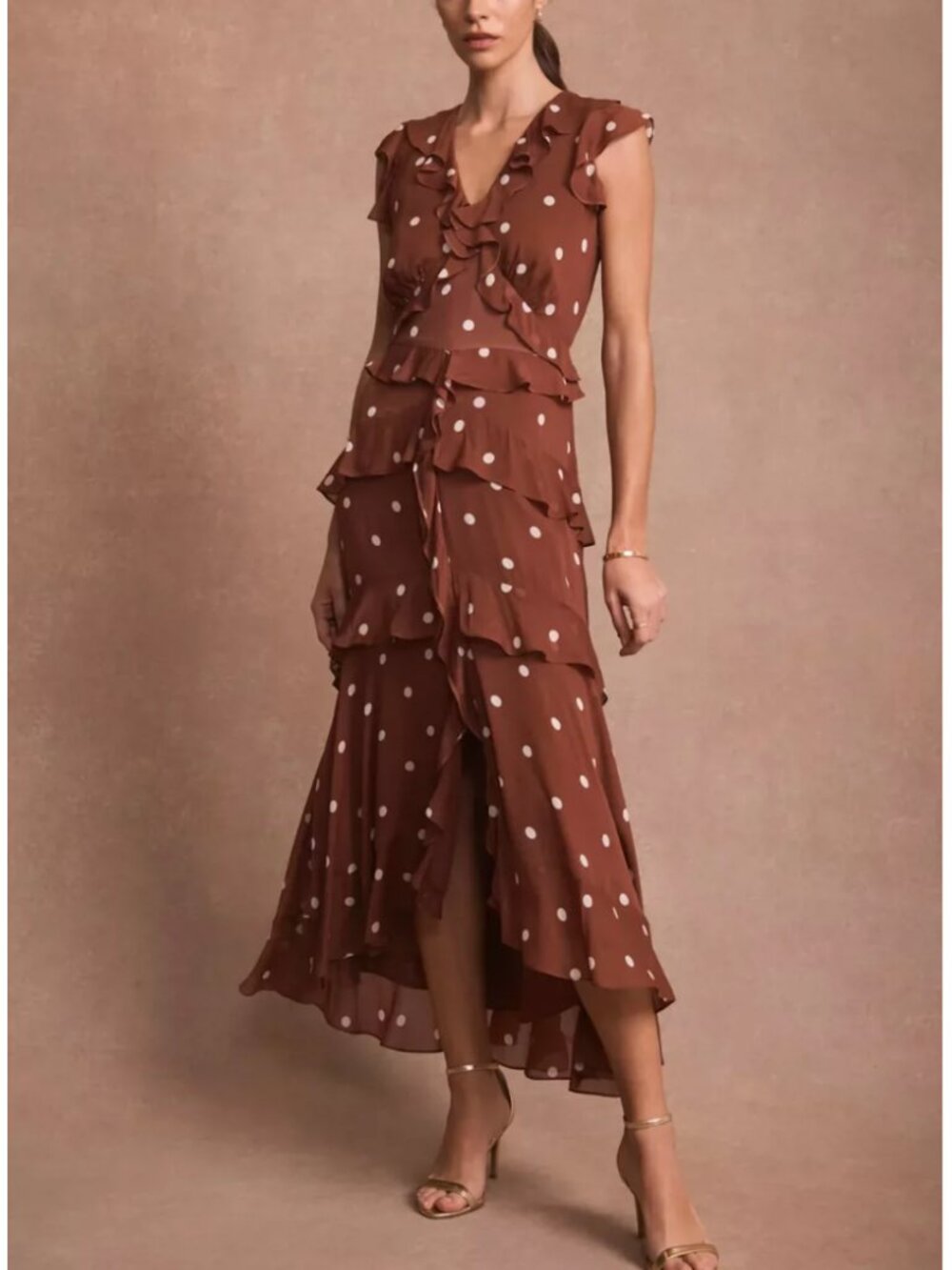 Mint Velvet Brown Polka Dot Ruffle Midi Dress US 6/8/10 Brown Polka Party